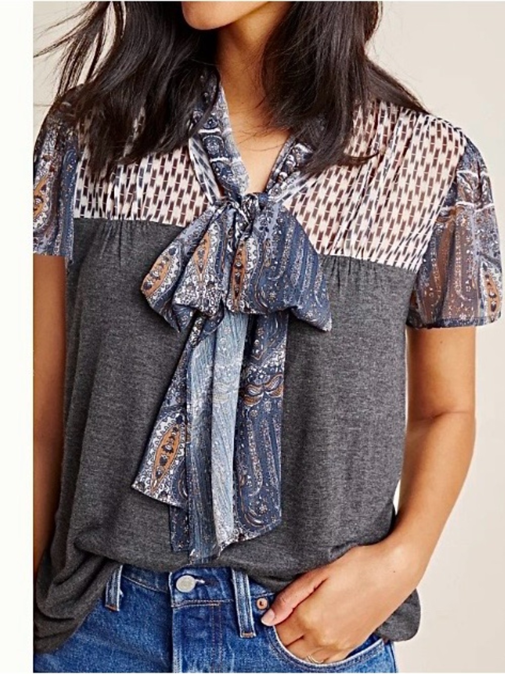 Anthropologie TINY Joy Tie Neck Top Blouse S Short Sleeve Shirt Mixed Print Gray